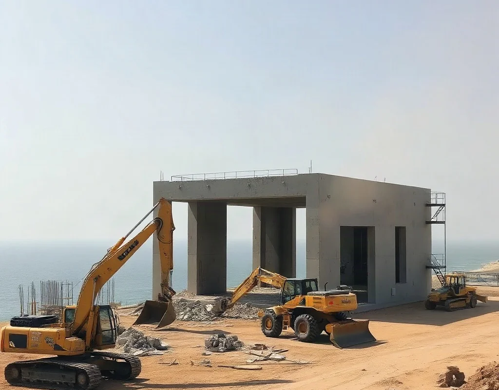 Construction site in Panama City Beach with machinery and a building under construction.