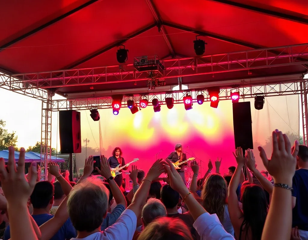 Outdoor concert in Panama City Beach at sunset with a band and excited crowd.