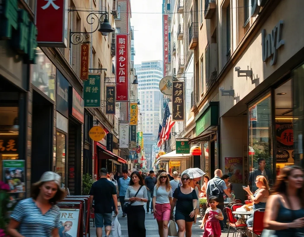 Lively commercial street in Panama City Beach with shops and visitors.