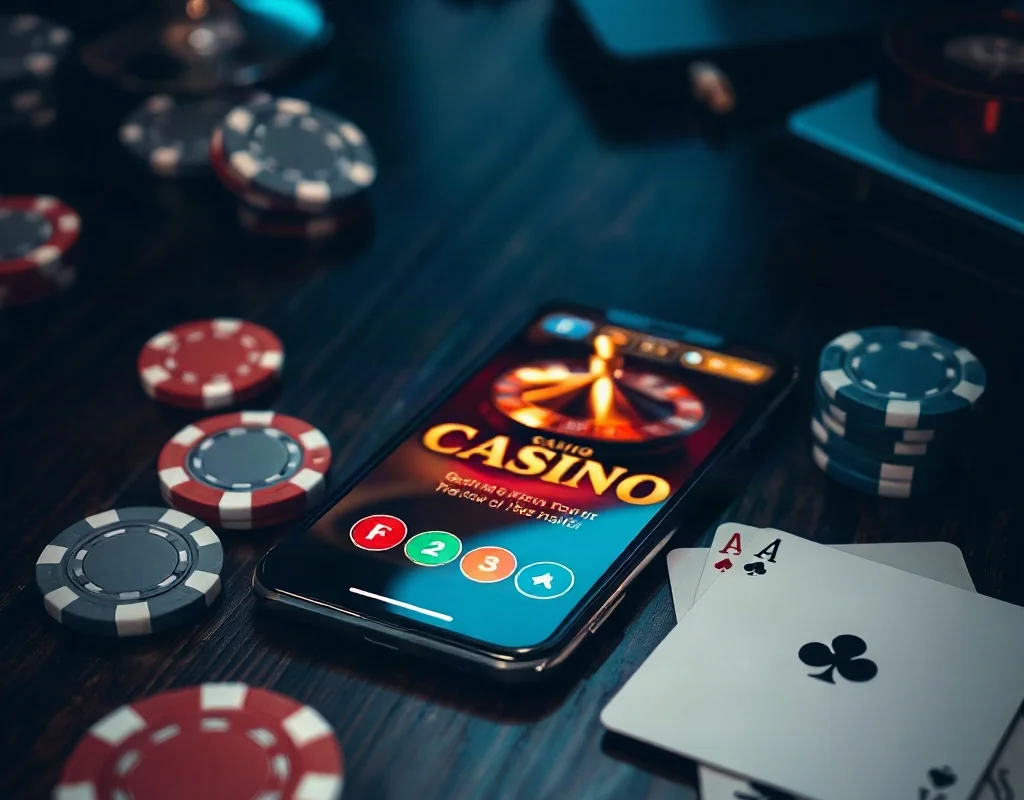 X777 casino app on a smartphone with poker chips and cards.